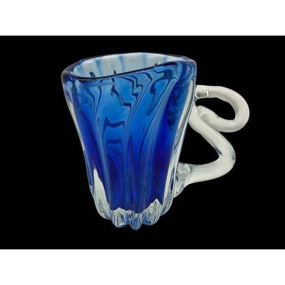 Hand Blown Art Glass Mis-Shapened Blue and Clear Glass 5.25 Inches Tall w/Handle - Picture 2 of 16